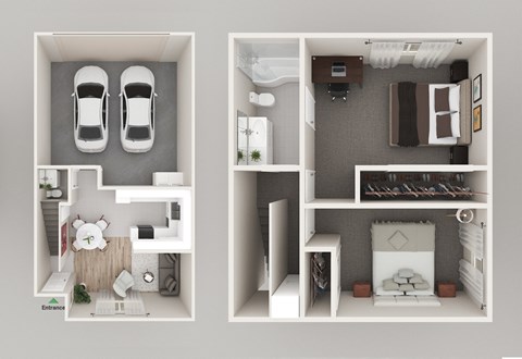 Floor plan for 2 beds, 1.5 baths, 979 sqft